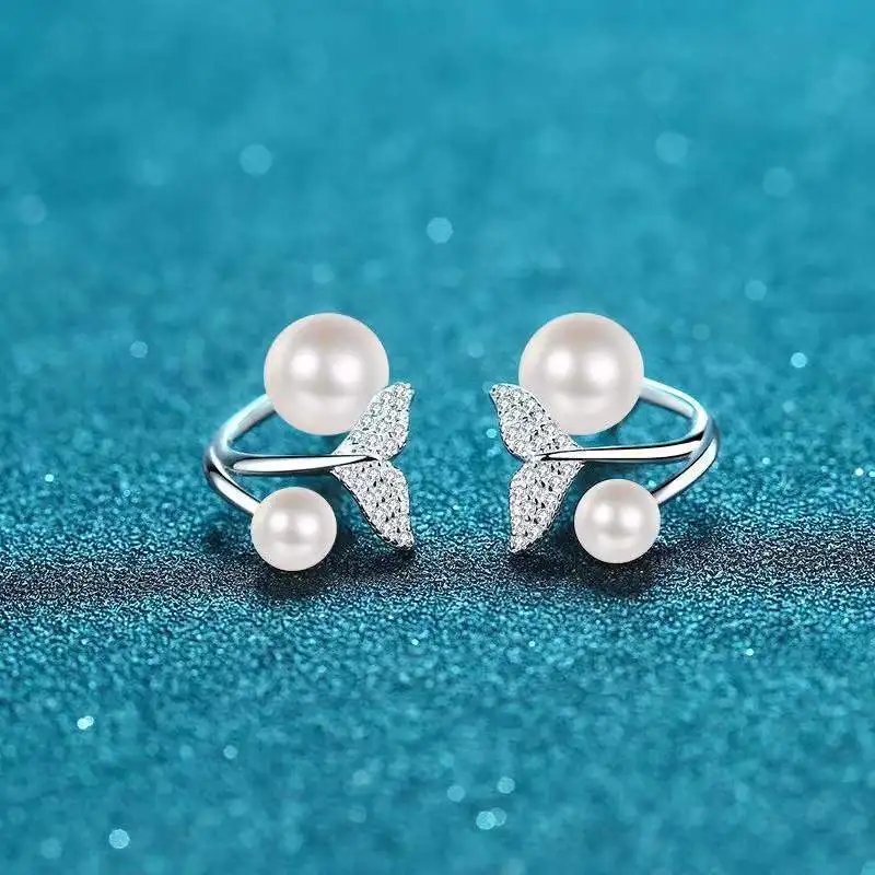 Cute 925 Sterling SIlver Mermaid Tail Stud Earrings Pave Freshwater Pearl Moissanite Two Wear Earrings for Women Fine Jewelry