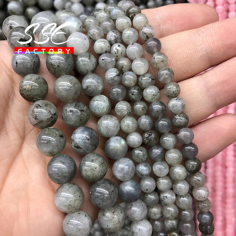 Natural Gray Labradorite Larvikite Stone Beads Black Round Loose Beads 4 6 8 10 12 MM 15 Strand For Jewelry DIY Making Bracelet