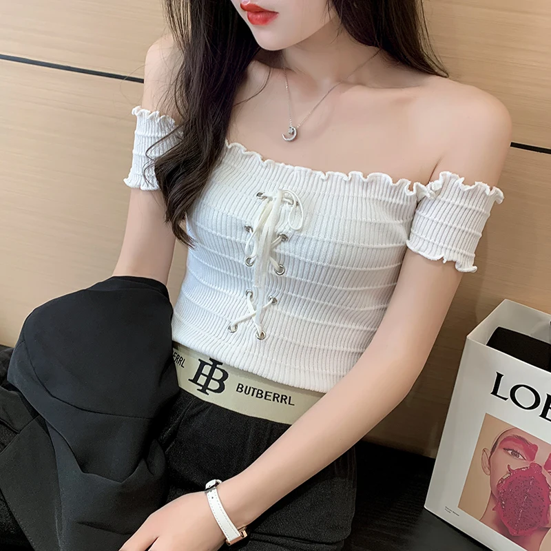 Solid Slash Neck Cropped T-shirt Female Short Sleeve Sexy Knitted Laced Up Stretchable TShirts Crop Tops For Woman Summer