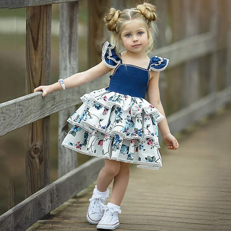 Summer Toddler Girls Clothes Blue Floral Printed Dresses for Girls Princess Birthday Party Dress Fly Sleeve Lace Cake Tutu Dress