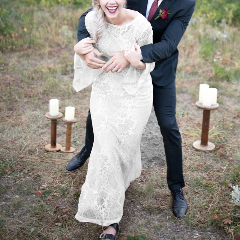 Lace Boho Sheath Wedding Dresses Long Bell Sleeve Rustic Bohemian Customized Drop Ship Plus Size Column Boat Neck Bridal Gown