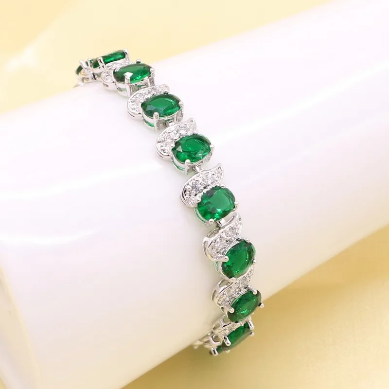 Green Imitated Emerald Crystal White Zirconia Silver color Bridal Jewelry Sets For Women Necklace Pendant Earrings Ring Bracelet