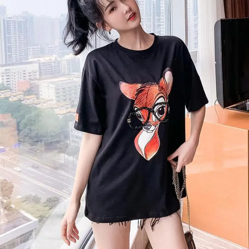 Spring Summer New High Quality Women T Shirt Pure Cotton Short Sleeve Tees Print Hot Diamond Harajuku Fox With Glasses Tops