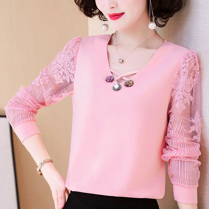 Lace patchwork Solid O-neck Hollow out tee Women Fashion elegant regular plus size 5XL T shirt ladies 2021 new black spring tops