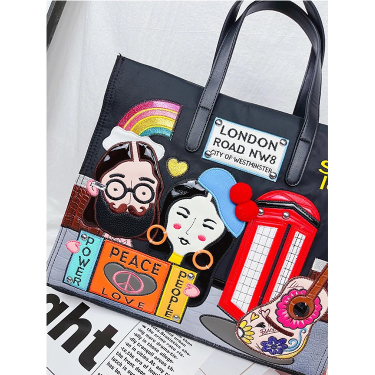 Cartoon Pattern Embroidery Nylon Shoulder Bag for Women Fashion Female Purses and Handbags Shopping Bags Ladies Designer Totes