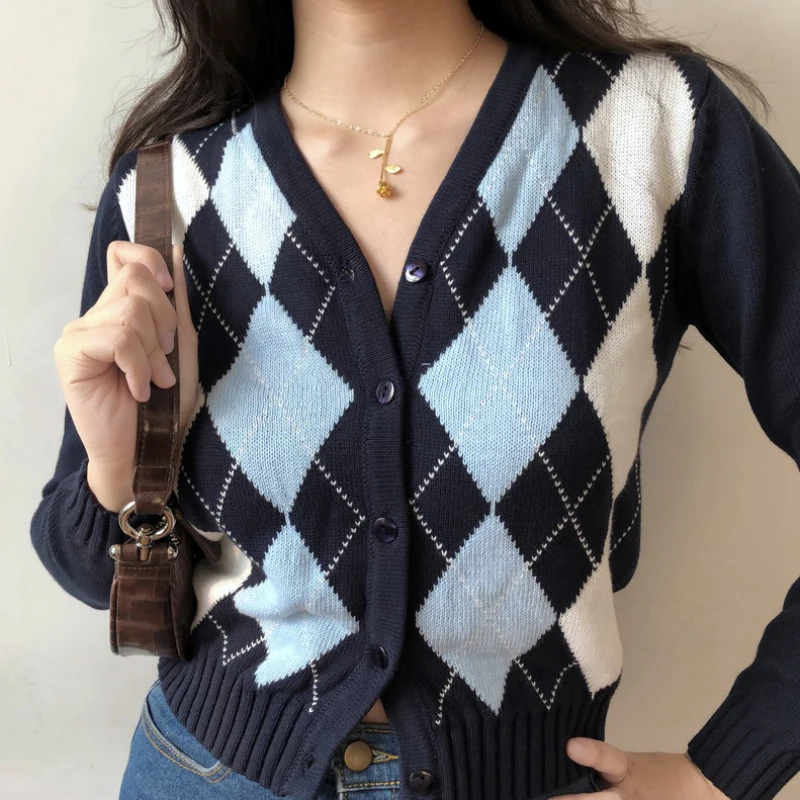 Zoki Black Argyle Women Cardigan Sweater Fashion Button V Neck Long Sleeve Knitted Plaid Sweater Street Wear Female Thin Jacket