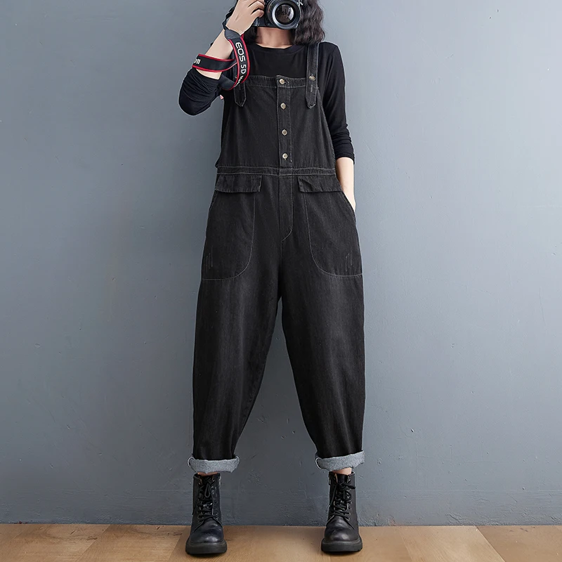 Casual Streetwear Black Denim Jumpsuit Women Loose Wide Leg Plus Size Jeans Overalls Harajuku Single-breasted Straps Baggy Pants