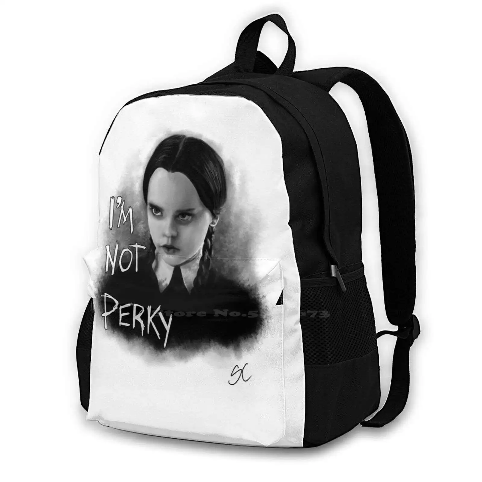 

I'M Not Perky Large Capacity School Backpack Laptop Bags Wednesday Addams The Christina Ricci Movie Creepy Kooky Spooky Goth Im