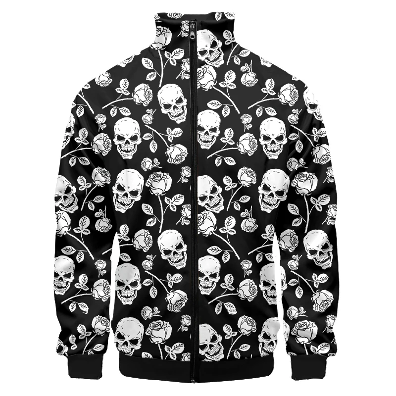 Black white flower skull  Men Oversize Tracksuit Zip Up Hoodie High collar jacket Vintage Weatshirt Hoodies Cycling Jacket 4XL