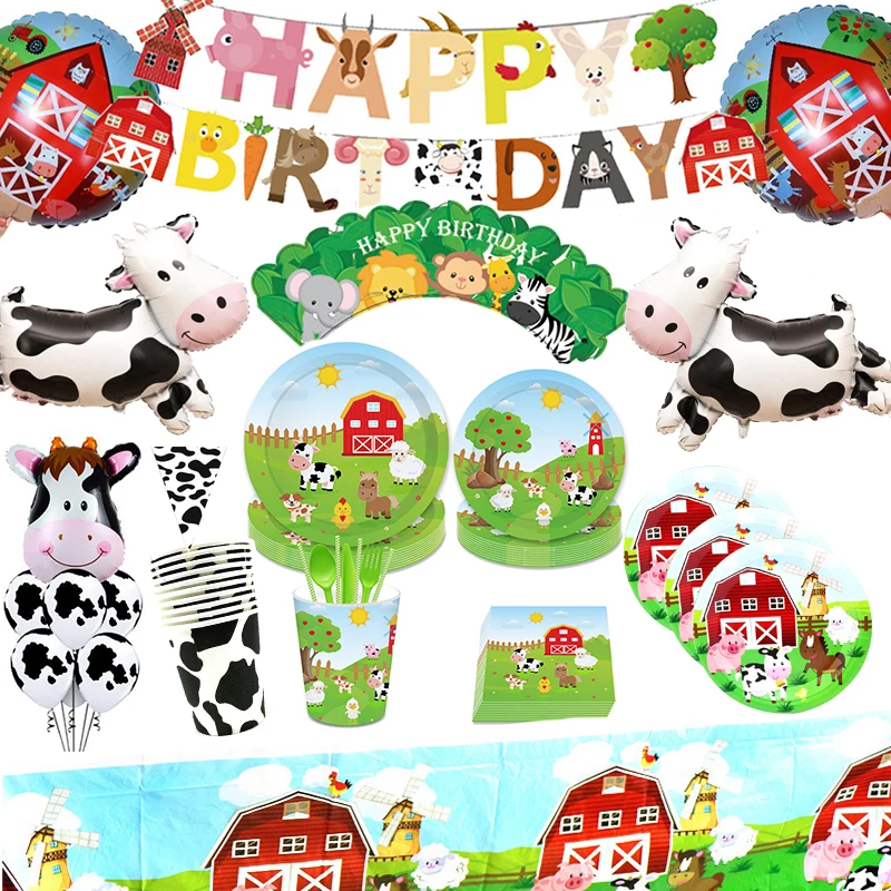 Farm Animals Cow Theme Kids Birthday Parties Decor Party Balloon Cartoon Disposable Tableware Sets Baby Shower Party Supplies