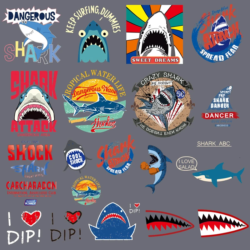 Cool Shark series patches Punk style iron on transfer accessories patch heat transfers stickers for dresses T-shirt decorate