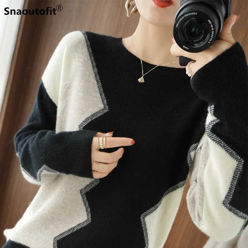 2022 New Women's Clothing Wool Sweater Ladies Round Neck Loose Pullovers Autumn Winter Geometric Jacquard Fashion All-Match Tops