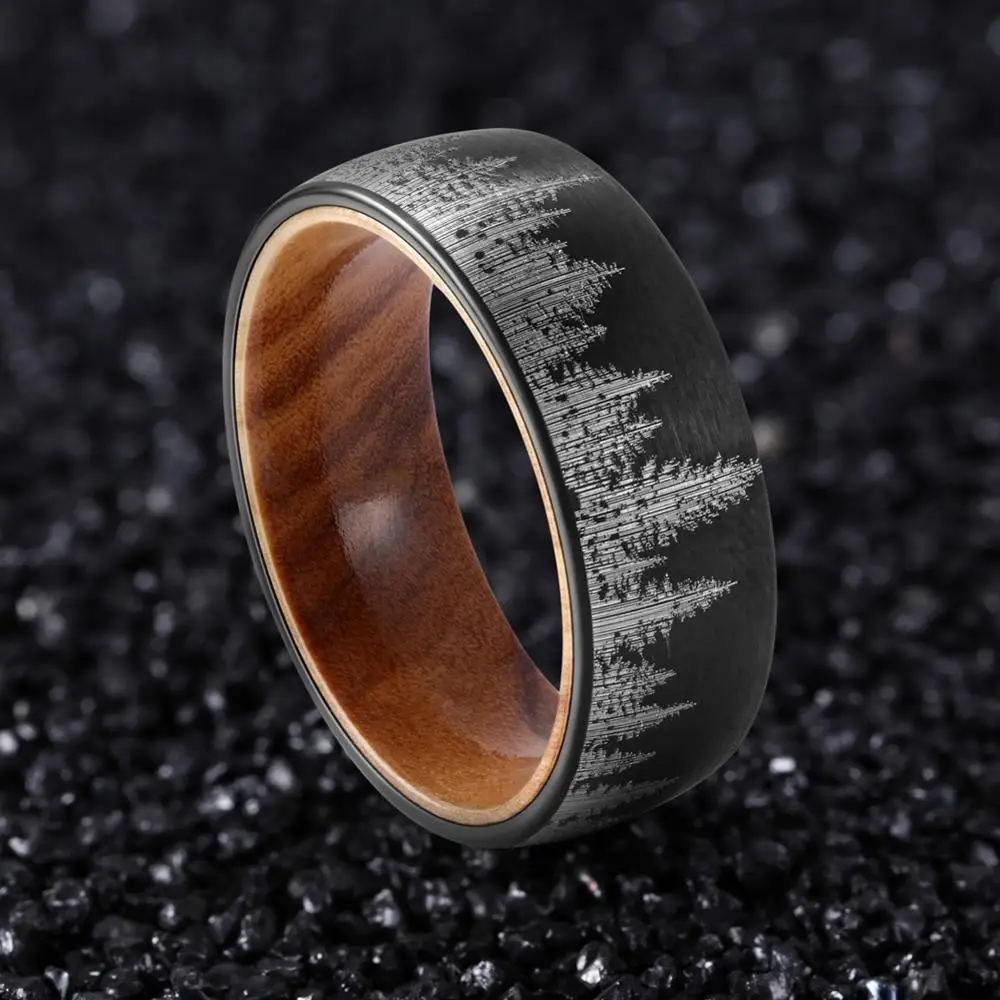 8mm Width Black Hunting Rings Tungsten Carbide Men Band Forest Mountain Ring With Oliver Wood Inside Size 7-12 Comfort Fit