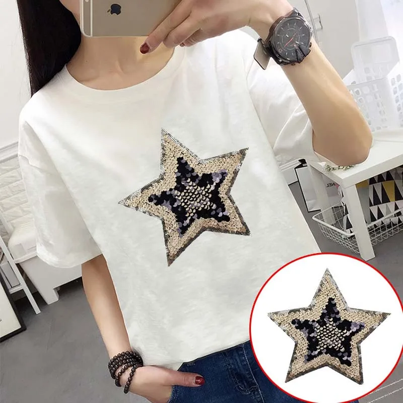 1Pc Women Golden Star Patch Sequins Biker Patches For Clothing Stickers SKirt Mens