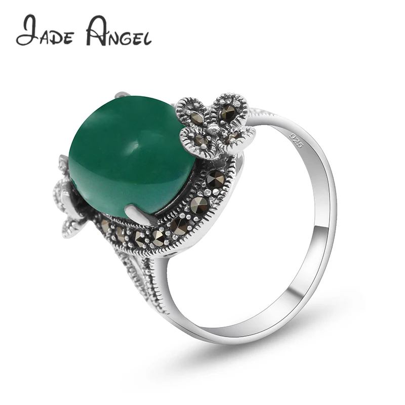 Jade Angel 925 Sterling Silver Oval Green Agate Statement Ring for Women Exquisite Classic Little Flower Shape Marcasite Jewelry