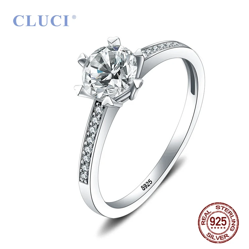 CLUCI Authentic 925 Sterling Silver Zircon Ring for Wedding Engagement Classic Six Claws Wedding Ring Jewelry DR1026SB