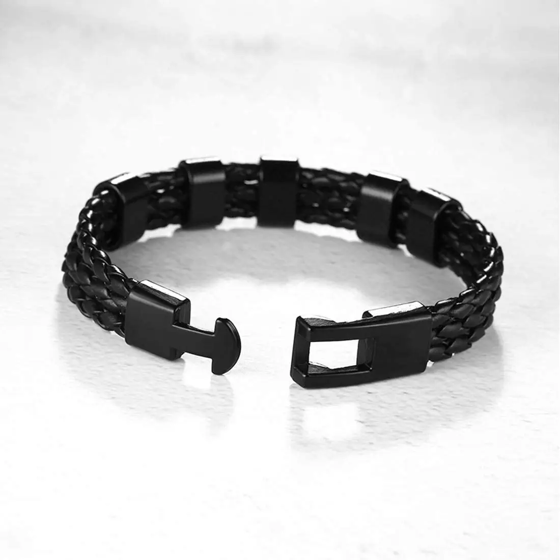 U7 Braided Leather Bracelet with Custom Engrave Bead 3-Layered Black Wax Leather Wristband Bracelet  2-5 Name Beads