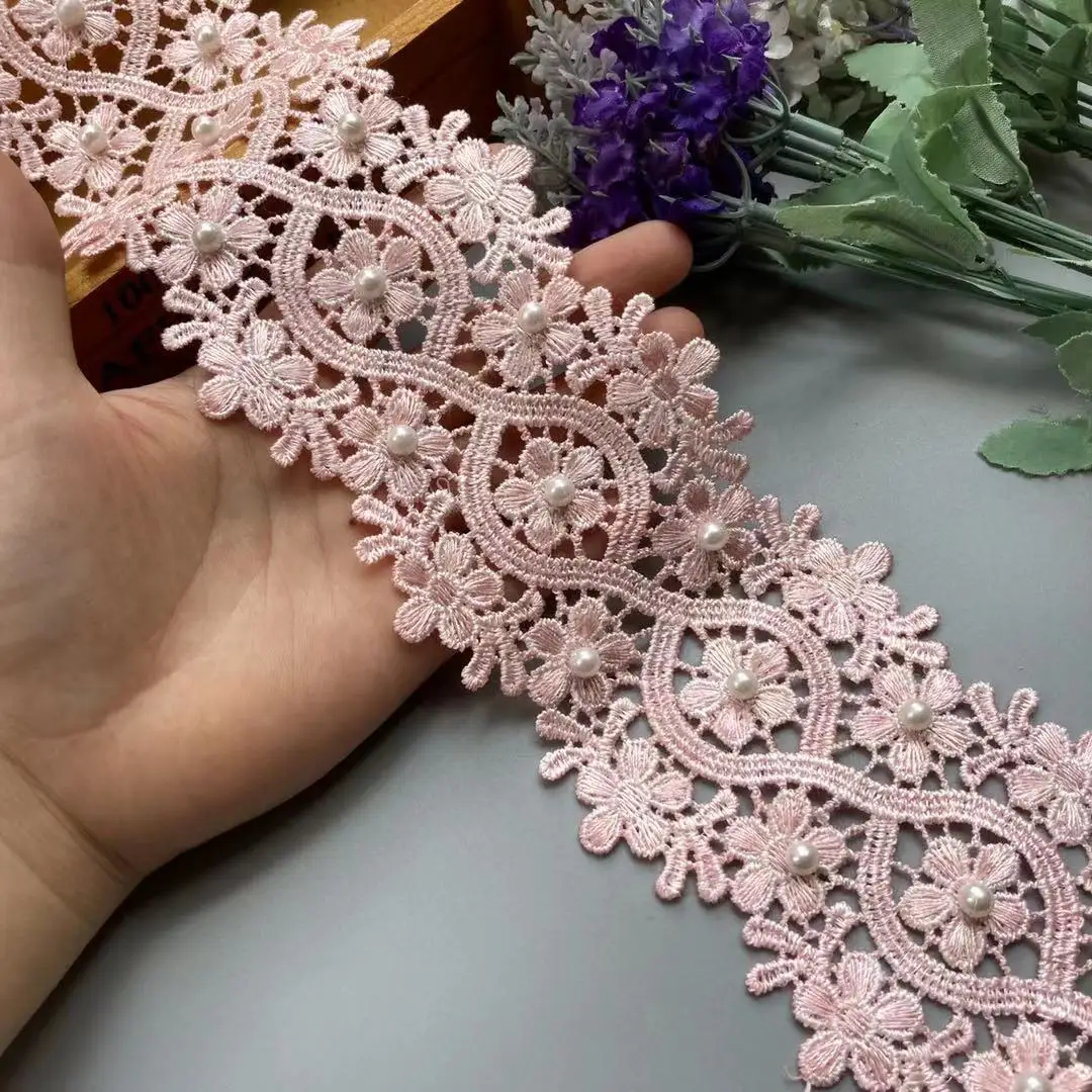 1 Yard Pink Pearl Flower Embroidered Lace Edge Trim Ribbon Applique Sewing Craft For Crochet Wedding Bridal Dress Clothes New