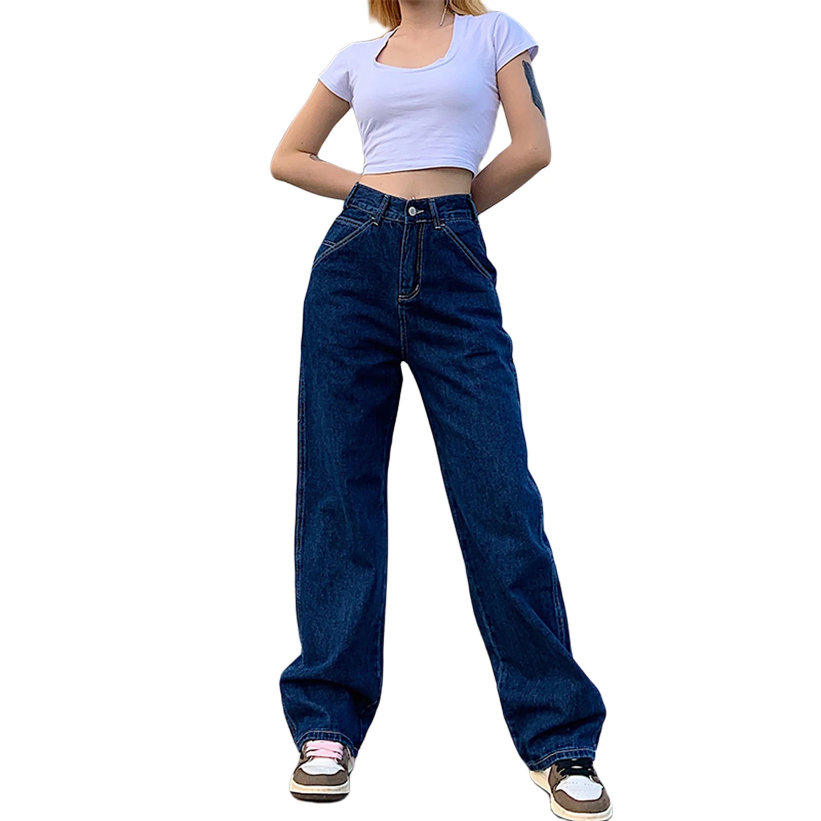 

Nice Pop Women Casual Jeans, Dark Blue High Waist Straight-leg Long Pants With Pockets Vogue Joker, S/ M/ L/ XL