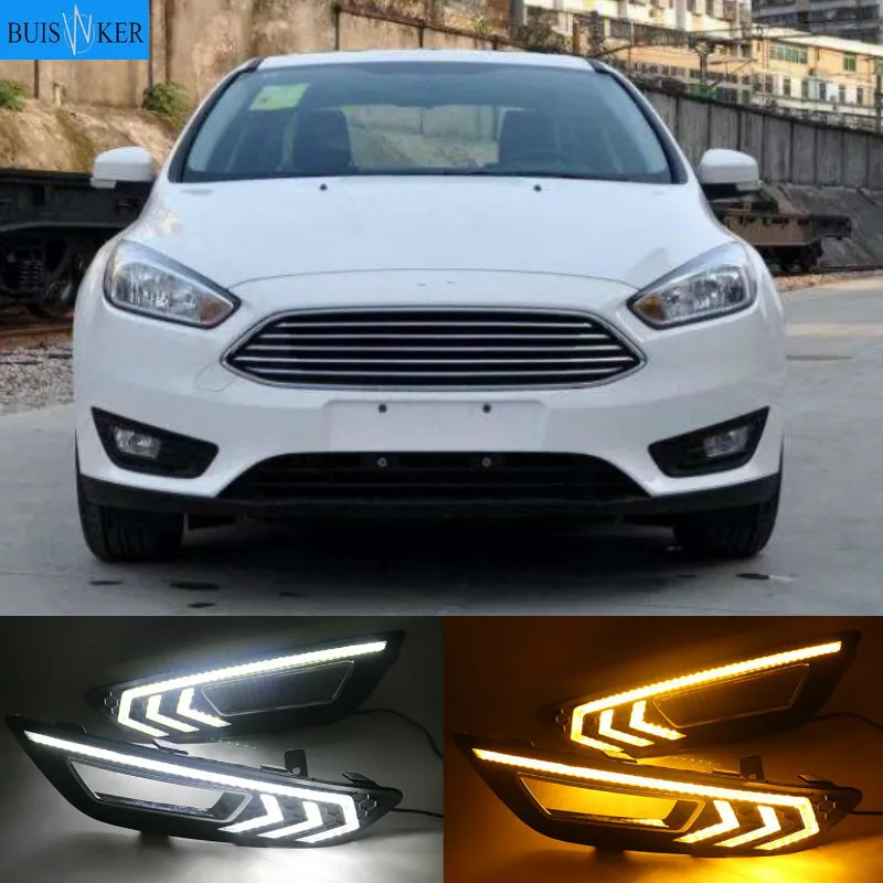 

2PCS For Ford Focus 3 mk3 2015 2016 2017 2018 LED DRL daytime running lights daylight with Yellow signal fog lamp