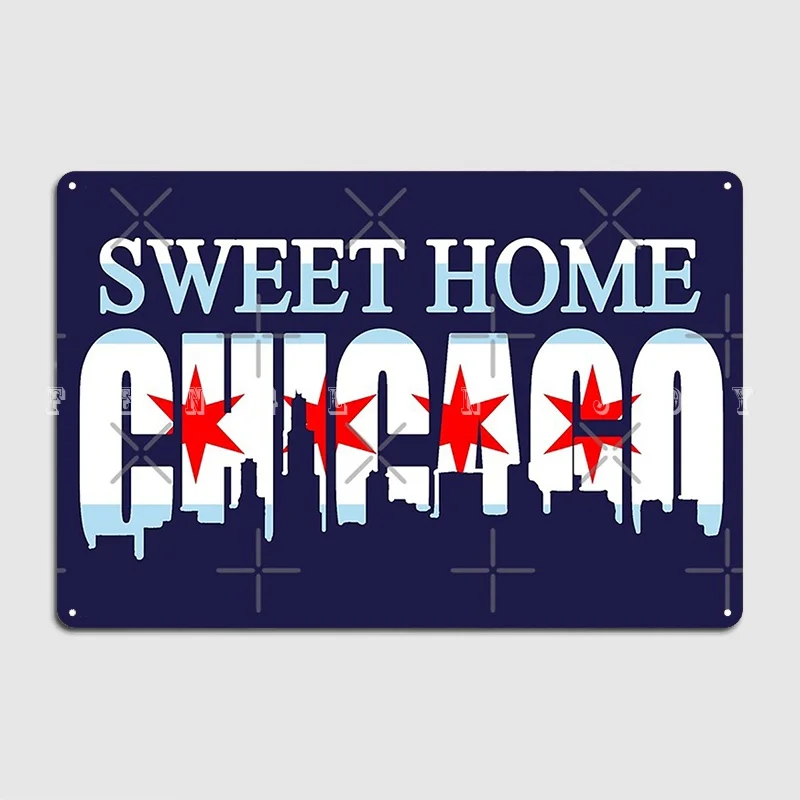 Sweet Home Chicago Flag Skyline Metal Sign Cave Pub Personalized Cinema Living Room Wall Decor Tin Sign Posters