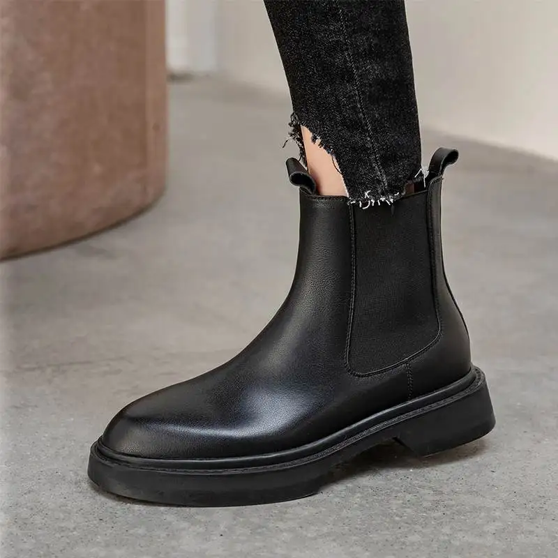 Krazing Pot Comfortable Cow Leather Round Toe Chelsea Boots Med Heels Platform Winter Shoes Runway Dress Leisure Ankle Boots