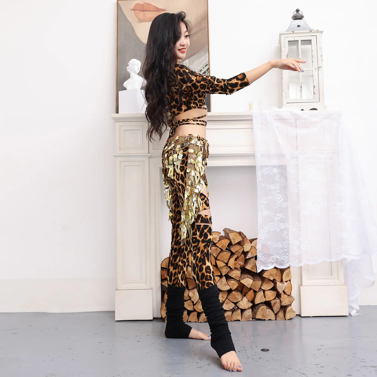 Belly Dance Costume Set Leopard Print Top Pants Hip Scarf Performance Oriental Competition Bellydance Professional Practice Wear