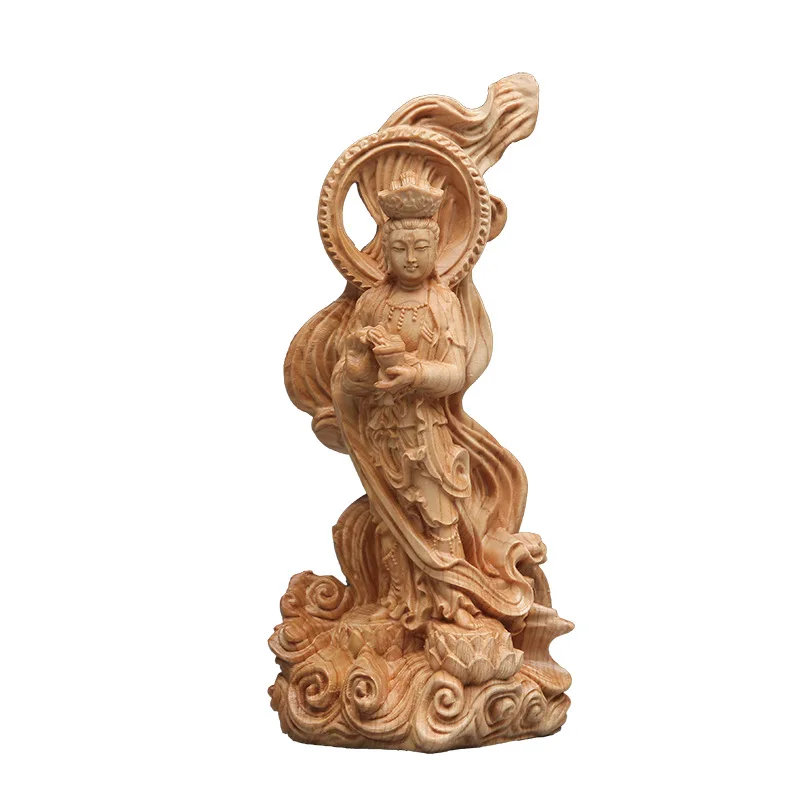 Thuja Wood Carving Crossing The Sea Guanyin Buddha Statue, Household Guanshiyin Bodhisattva Temple Enshrines, Chinese Handicraft