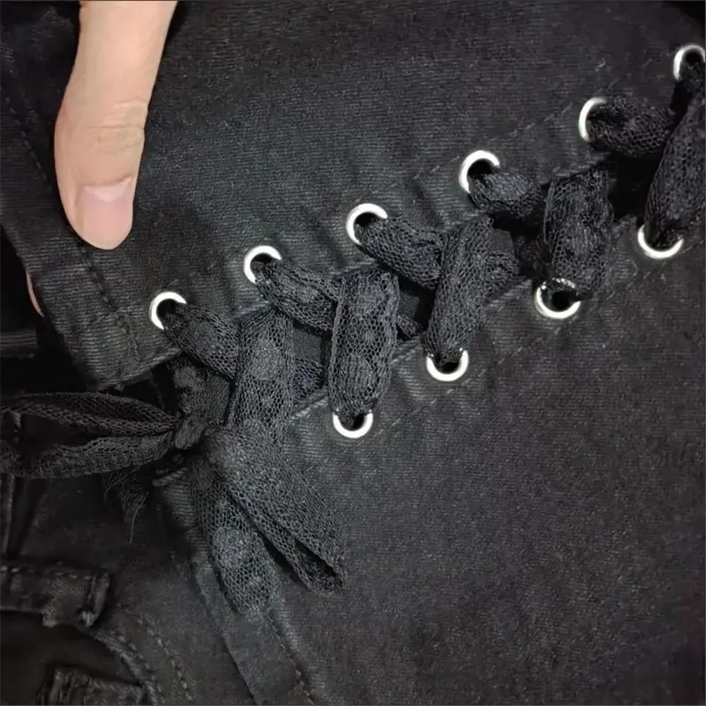 Pantalones vaqueros ajustados de cintura alta para mujer, Vaqueros elásticos con vendaje de encaje en la espalda, color negro y azul, botas de corte