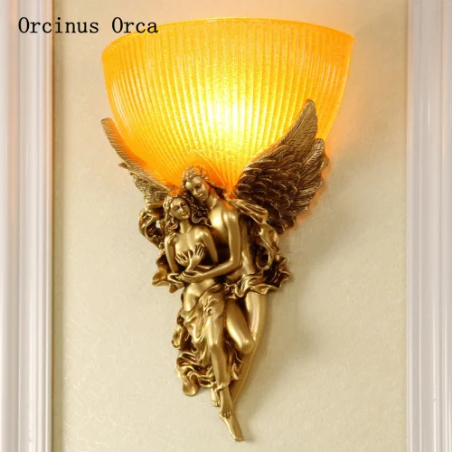 European retro Golden Angel wall lamp living room background wall bedroom bedside lamp resin glass decorative wall lamp