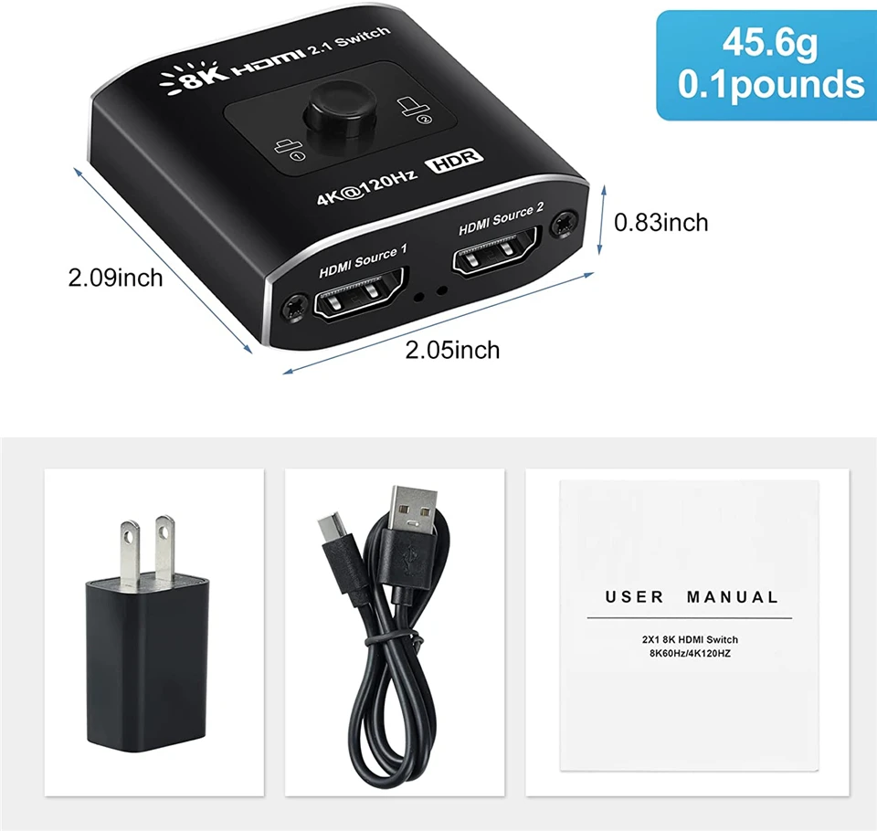 2026 Switcher HDMI 2.1-compatible 2 in 1 out Ultra 48Gbps 8K@60Hz 4K@120Hz Switch adapter With switch button For HDTV Projector