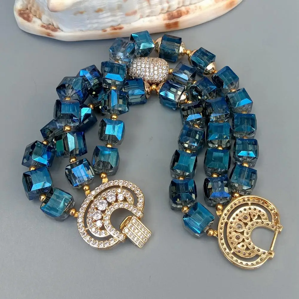 KKGEM 3 Strands Faceted Cube Shape Blue Crystal Cubic Zirconia Pave Bead Bracelet 8.5" 4