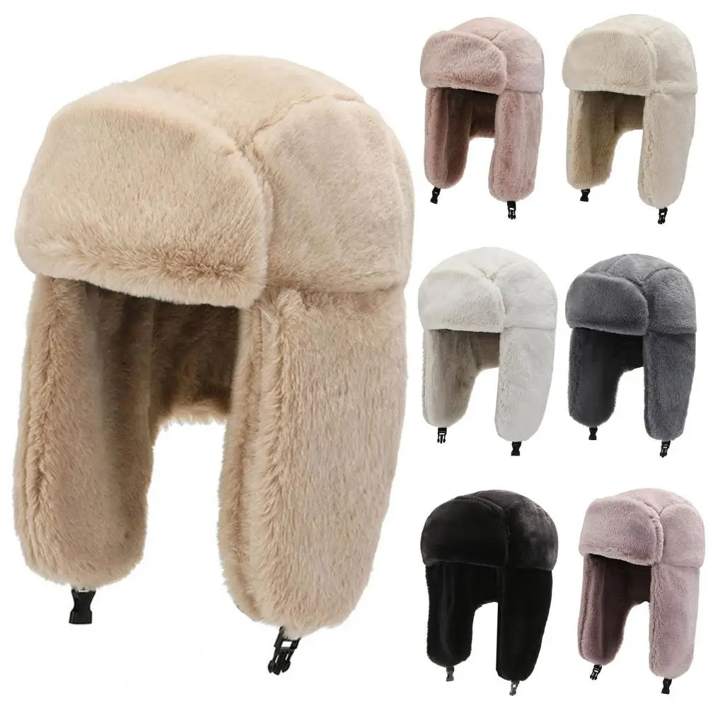 

Women Russian Hats Plush Solid Buckle Headwear Dome Aviator Trooper Ear Flap Snow Cap Winter Warm Faux Fur Earmuffs