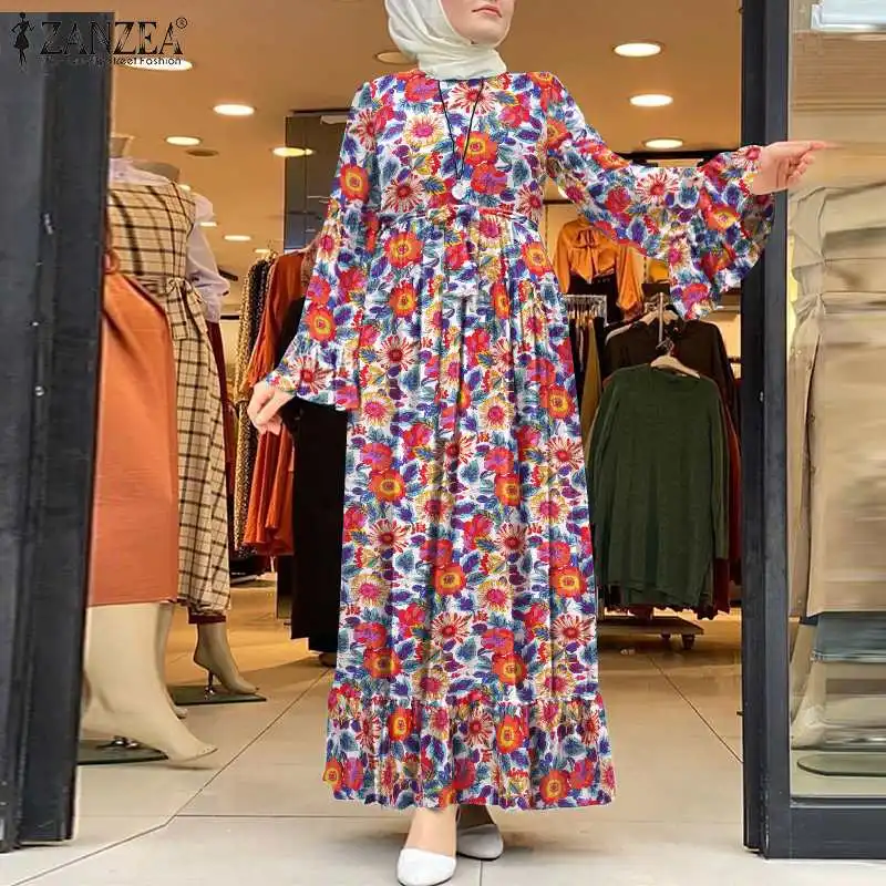 ZANZEA Muslim Women Vintage Floral Printed Abaya Turkey Hijab Dress Spring Long Sleeve Kaftan Vestido Loose Sundress Oversized