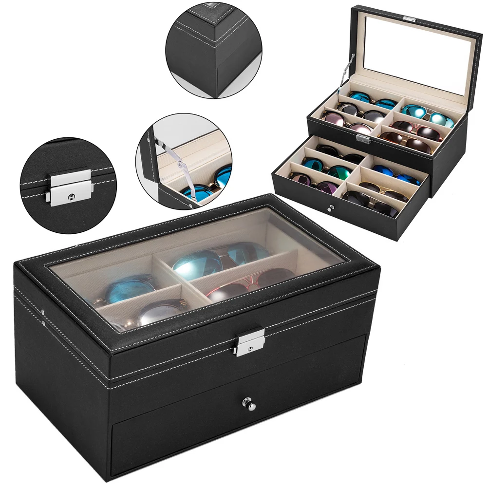 Leather 12 Piece Sun Eye Glasses Storage Box Display Drawer Case Organizer 2-Layer Lockable Transparent Top Black[US-Stock]