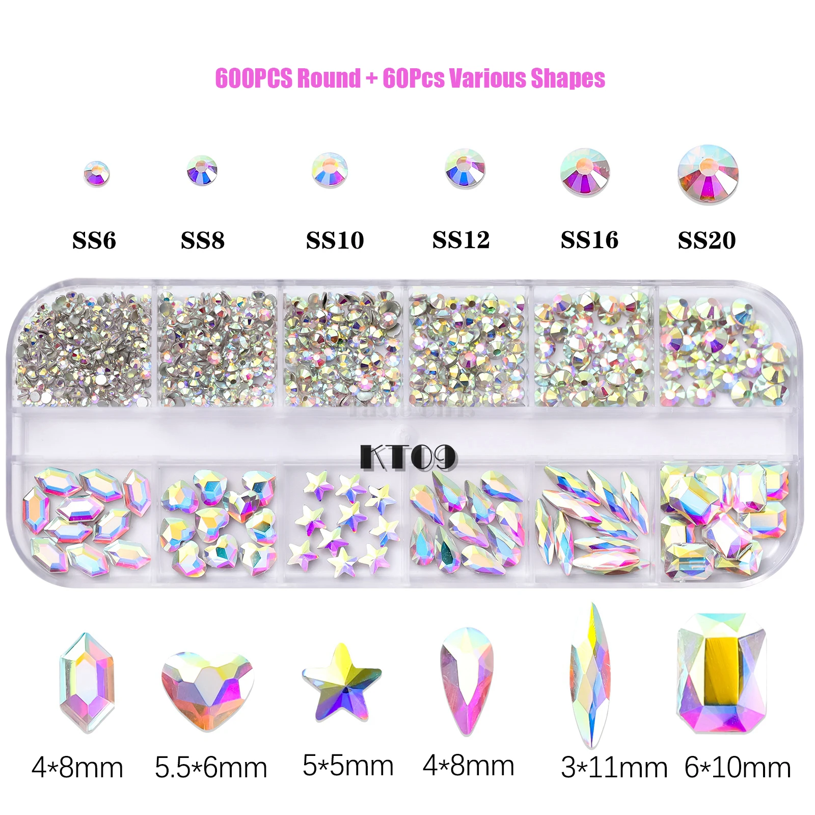 12 Grids Round Mix Shapes White AB Colorful Flatback Acrylic Diamonds Jewelry Nail Art Rhinestones Decorations Manicure Charms