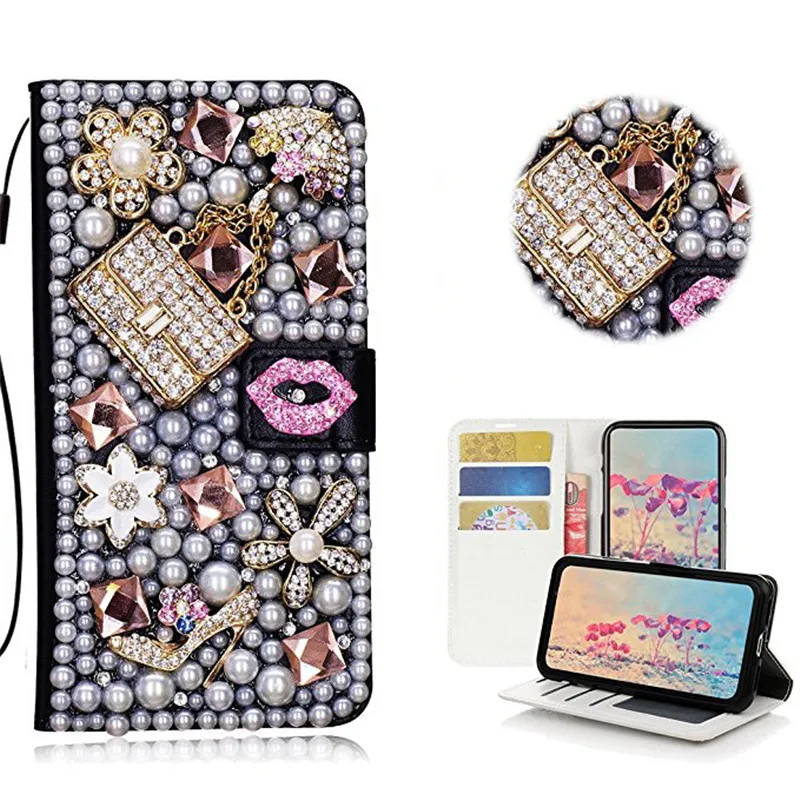 Lipstick Kiss Flower Handbag Diamond Flip Wallet Leather Case Cover For Samsung Galaxy Note 20 10 S23 S22 S21 S20 Ultra S10 Plus