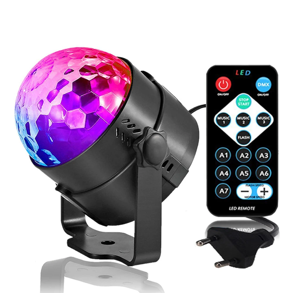 

3W Disco Ball Stage Light 7 Color Strobe Party Light Remote Control DJ Lights Sound Activated For Xmas Party Pub Wedding Show