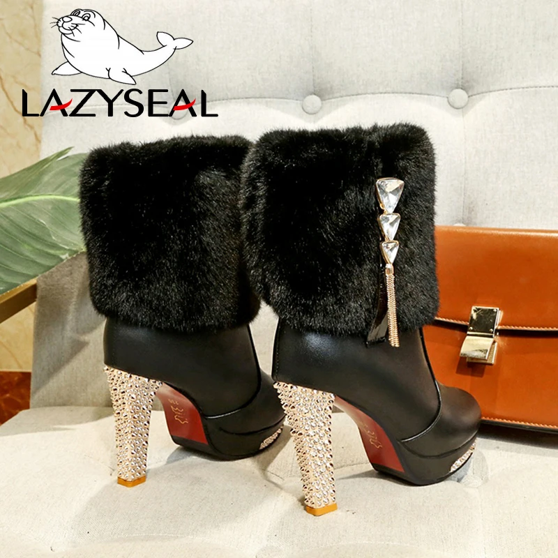 LazySeal Rhinestone Platform Ankle Boots For Women Shoes Round Toe Slip-on Plush Winter Shoes Crystal High Thin Heels Snow Boots