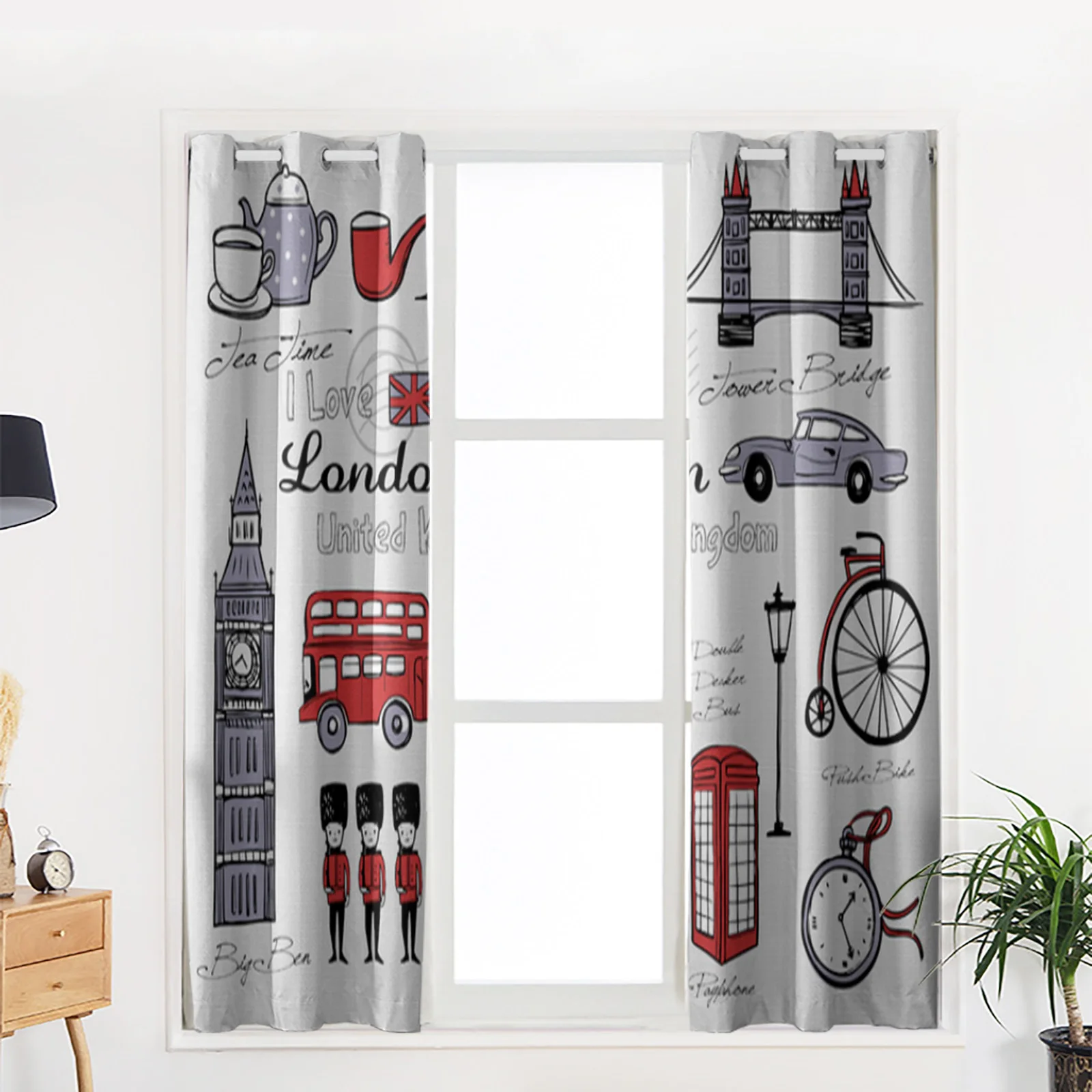 London Building Red Bus Bicycle Window Curtains for Living Room Home Decor Child Bedroom Kitchen Curtains Drapes