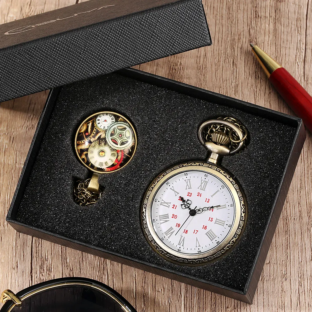 

Simple Pocket Watch Set Men's Quartz Watch Roman Numeral Dial Women's Pendant Clock Alloy Necklace with Accessories Gifts Box