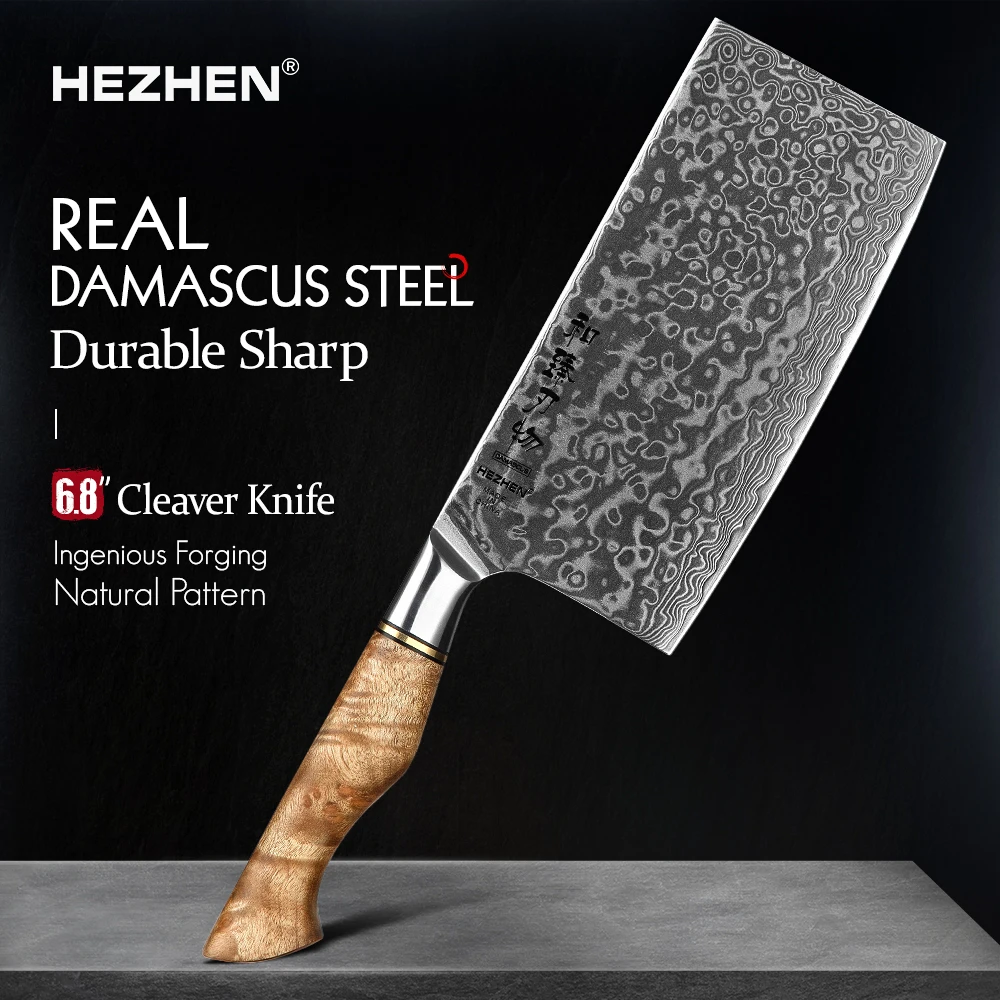 HEZHEN 6.8 inch Cleaver Knife Real  Layer Damascus Super Steel For Meat Fish Cook Knife Sharp Blade Beautiful gift Kitchen Knife