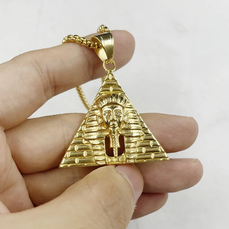 Men Hip hop gold color Pendant Stainless steel Egyptian Pharaoh Head pyramid Pendant Necklaces Chain Punk Jewelry