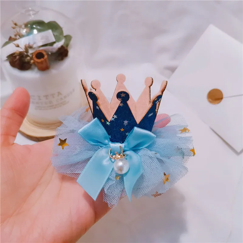 4Pcs/Lot 11CM Mesh Bowknot With Crown Appliques For Children Headwear Hair Clip Accessories And Garment Patches