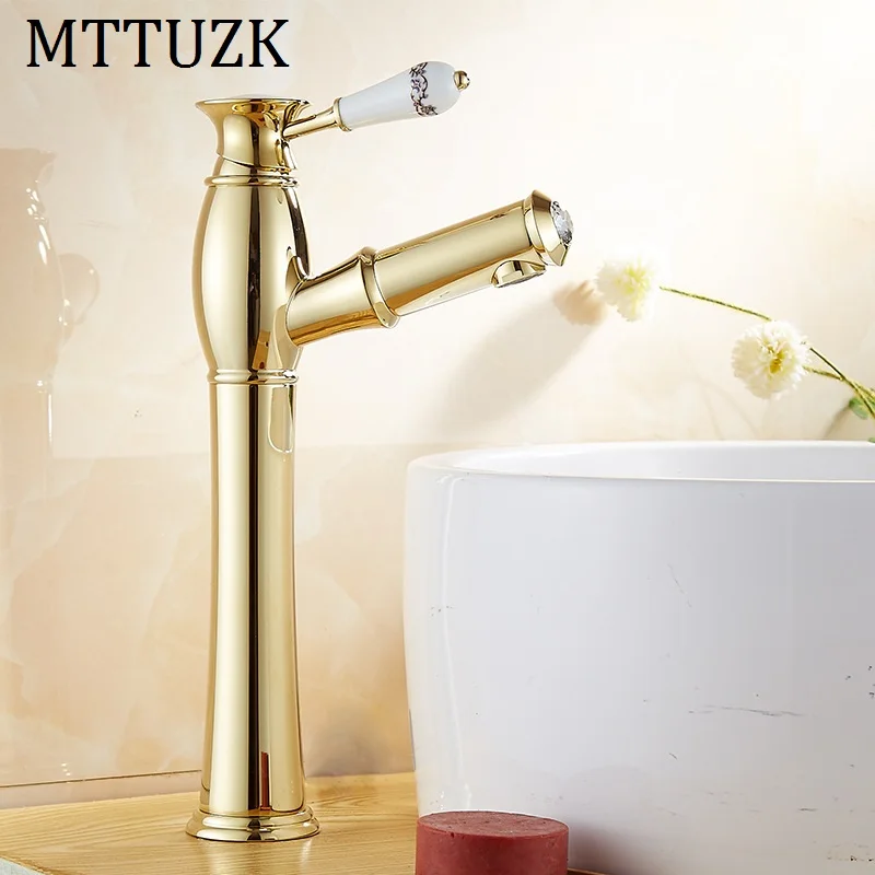 

MTTUZK gold plating brass put out basin faucet Shampoo faucet hot and cold mixer taps Blue&white porcelain handle with diamonds