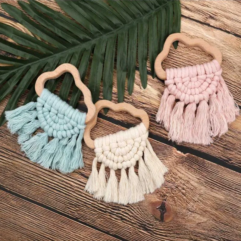 Rainbow Tassel Macrame Wooden Baby Teether Wooden Rattle Ring Newborn Nursing Teether Sensory Molar Toy Baby Shower Gifts