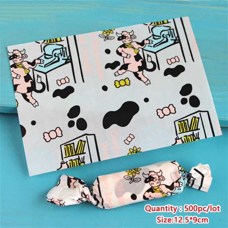 AQ 500pcs/lot Cartoon Pink Dancing Cow Yellow Candy Nougat Decor Pack Twisting Wax Paper Cute Cattle Spot Handmade Gift Wrapping