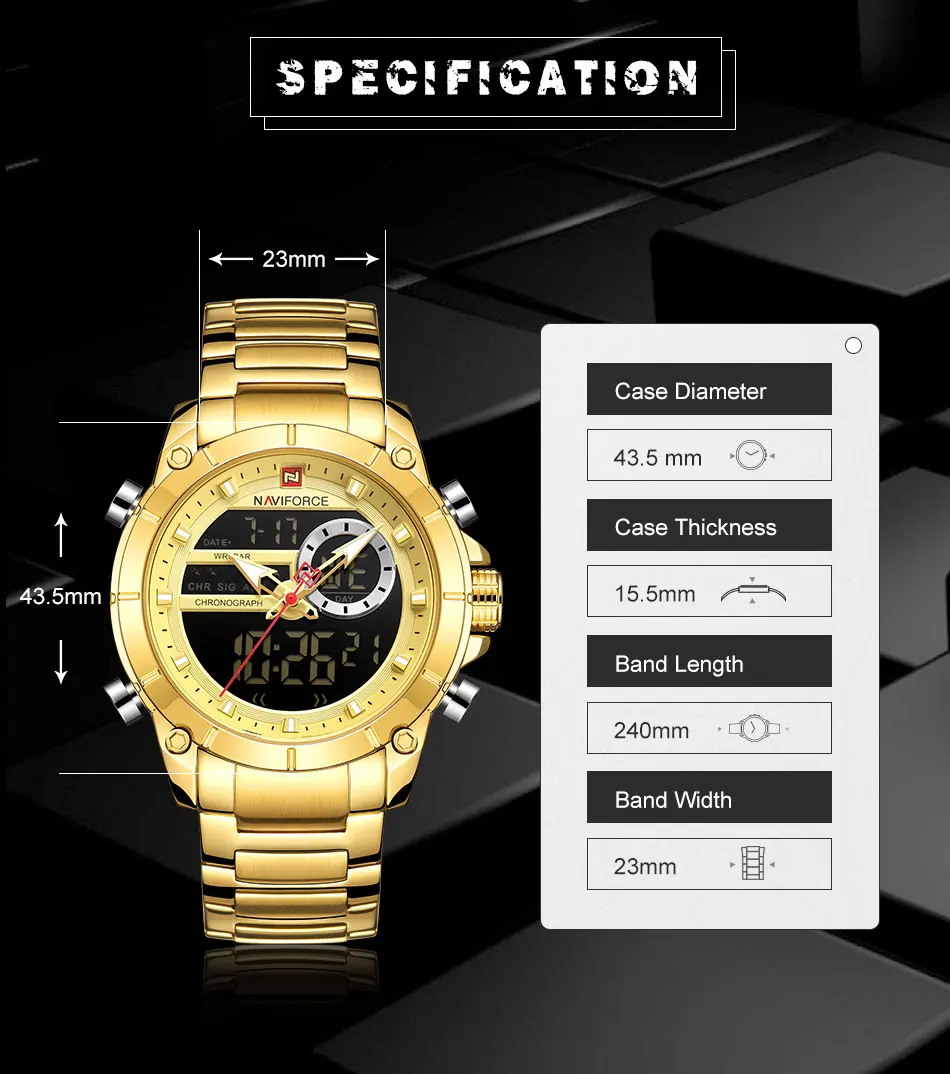 NAVIFORCE 9163 Luxus Original Sport Armbanduhr Für Männer Quarz Stahl Wasserdicht Dual Display Militär Uhren Relogio Masculino – Detail 4