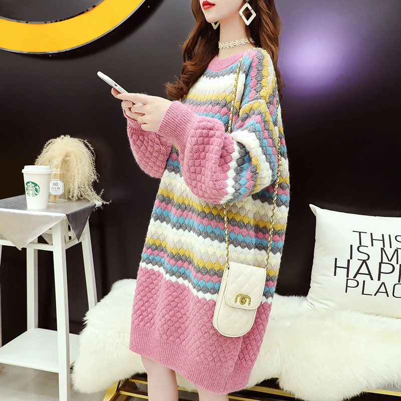 2024 Winter Thick Casual Loose Long Knitted Sweater Dress Women O-neck Lantern sleeve 3 Color Choose Striped Sweaters Female