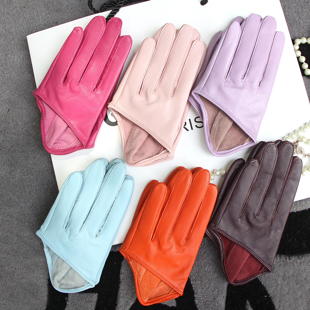 Sunscreen Gloves Women\'s Single Genuine Leather Half-palm Gloves Real Sheepskin Stage Show Driving gloves No Lining